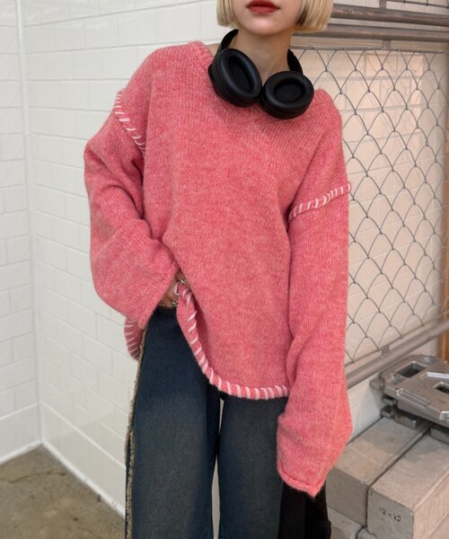 w closet(ダブルクローゼット)の「オーバーロックニット(ニット/セーター・レディース・アイボリー/ブラウン/ピンク・FREE)」の1枚目の写真