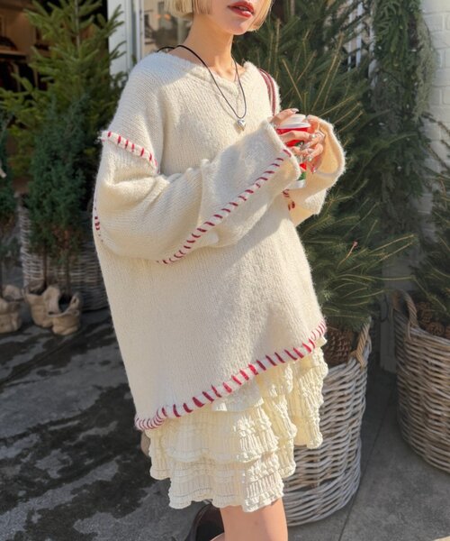 w closet(ダブルクローゼット)の「オーバーロックニット(ニット/セーター・レディース・アイボリー/ブラウン/ピンク・FREE)」の2枚目の写真