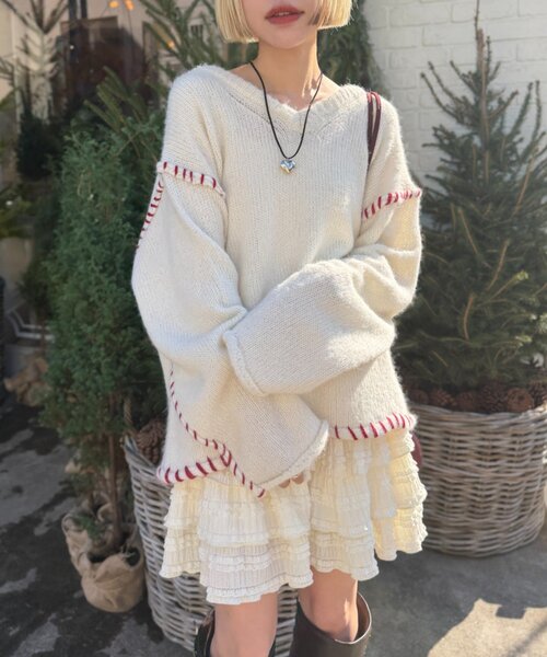 w closet(ダブルクローゼット)の「オーバーロックニット(ニット/セーター・レディース・アイボリー/ブラウン/ピンク・FREE)」の4枚目の写真