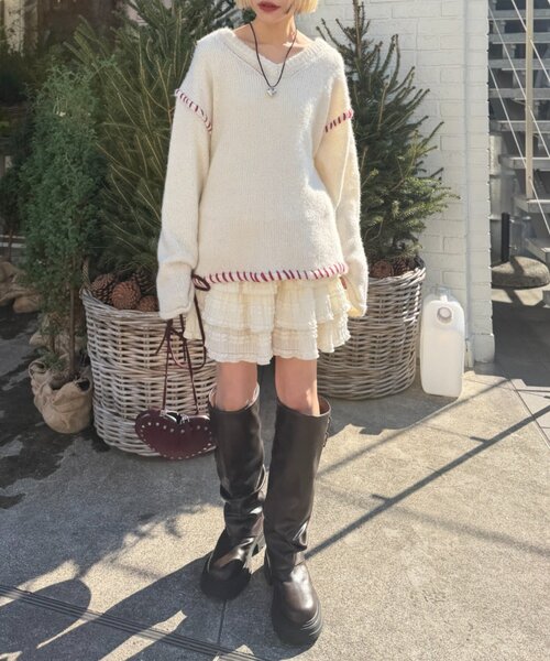 w closet(ダブルクローゼット)の「オーバーロックニット(ニット/セーター・レディース・アイボリー/ブラウン/ピンク・FREE)」の9枚目の写真