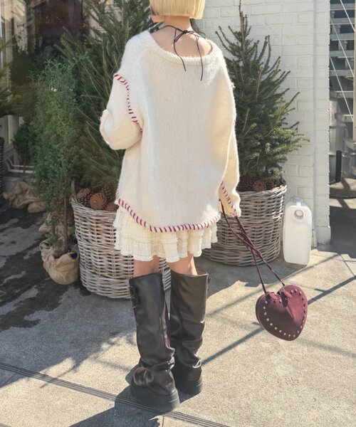 w closet(ダブルクローゼット)の「オーバーロックニット(ニット/セーター・レディース・アイボリー/ブラウン/ピンク・FREE)」の12枚目の写真