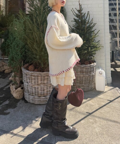 w closet(ダブルクローゼット)の「オーバーロックニット(ニット/セーター・レディース・アイボリー/ブラウン/ピンク・FREE)」の13枚目の写真