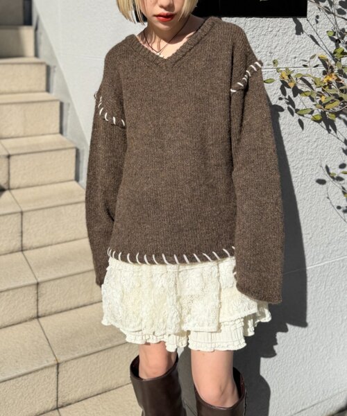 w closet(ダブルクローゼット)の「オーバーロックニット(ニット/セーター・レディース・アイボリー/ブラウン/ピンク・FREE)」の18枚目の写真