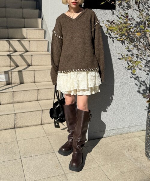 w closet(ダブルクローゼット)の「オーバーロックニット(ニット/セーター・レディース・アイボリー/ブラウン/ピンク・FREE)」の19枚目の写真