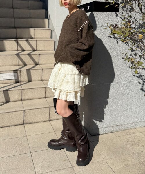 w closet(ダブルクローゼット)の「オーバーロックニット(ニット/セーター・レディース・アイボリー/ブラウン/ピンク・FREE)」の21枚目の写真