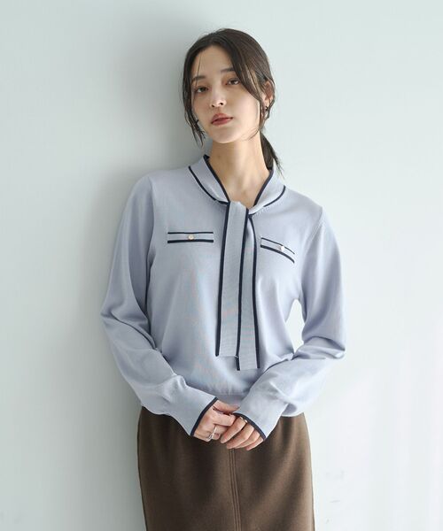 YECCA VECCA（イェッカヴェッカ）の「配色ボウタイニット（ニット/セーター・レディース・アイボリー/ブラック/ライトブルー・FREE）」の7枚目の写真