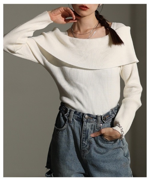 Sawa a la mode（サワアラモード）の「リボンブローチ付きオフショル風ニットトップス（ニット/セーター・レディース・オフホワイト・FREE）」の14枚目の写真