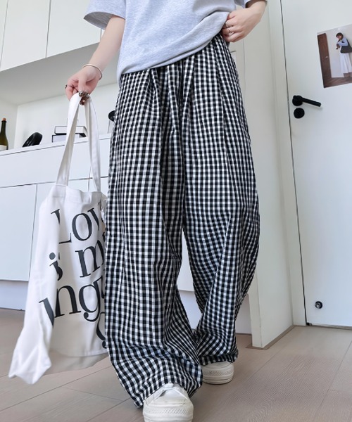 セール】ギンガムチェック柄タックワイドパンツ（その他パンツ）｜yuue