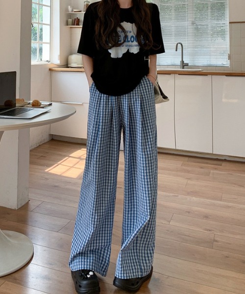 セール】ギンガムチェック柄タックワイドパンツ（その他パンツ）｜yuue