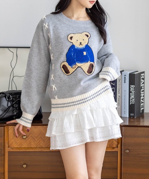 clear（クリア）の「ベアワッペンニットトップス[アニマル柄 ガーリー]≪新作≫（ニット/セーター・レディース・アイボリー/杢グレー・F）」の6枚目の写真