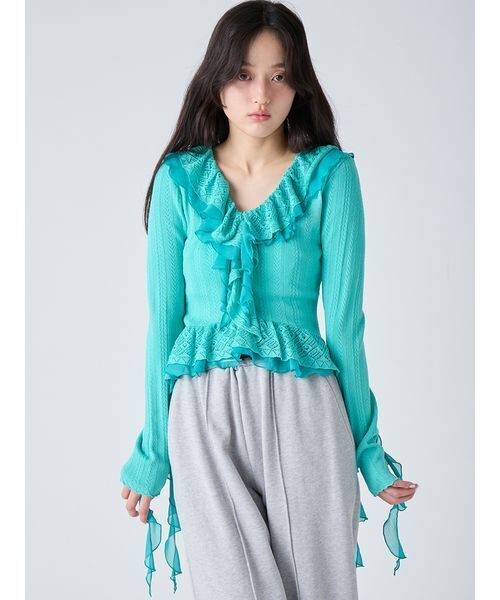 LILY BROWN（リリーブラウン）の「ボリュームフリルニットトップス（ニット/セーター・レディース・オフホワイト/グレー/ターコイズブルー・F）」の21枚目の写真