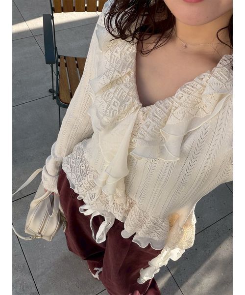 LILY BROWN（リリーブラウン）の「ボリュームフリルニットトップス（ニット/セーター・レディース・オフホワイト/グレー/ターコイズブルー・F）」の13枚目の写真