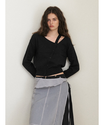 Cut-Out Diagonal Knit Cardigan, Black