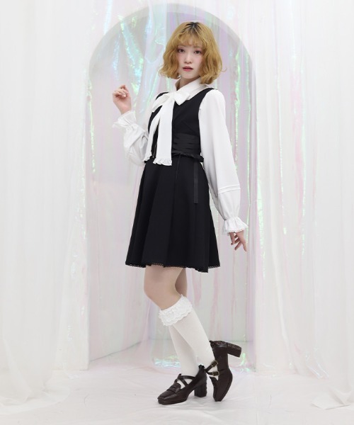 axes femme POETIQUE(アクシーズファムポエティック)の「リボン付センタージップジャンパースカート(ジャンパースカート・レディース・ブラック/ベージュ/ミント・MEDIUM)」の8枚目の写真