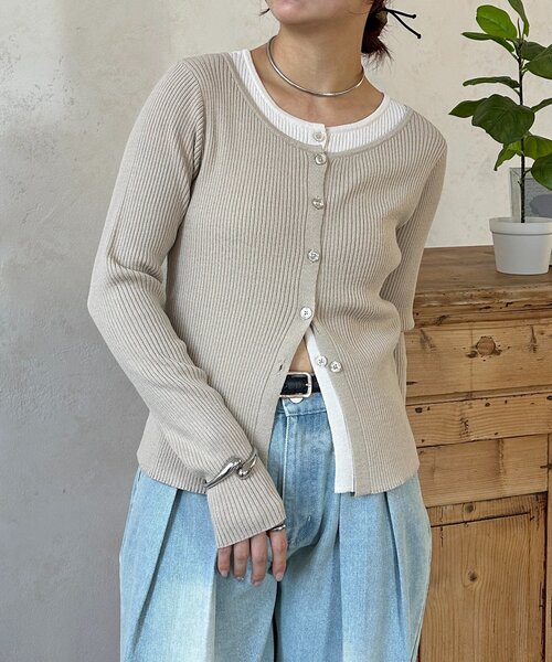 Thevon（ゼボン）の「レイヤード風リブニットカーディガン（カーディガン/ボレロ・レディース・グレー/オリーブ/ベージュ・FREE）」の3枚目の写真