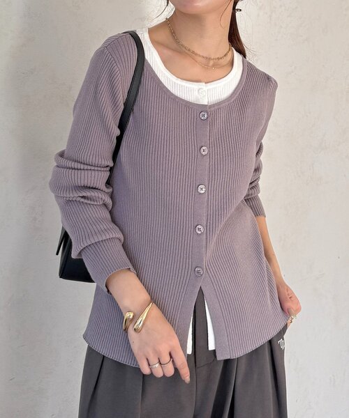 Thevon（ゼボン）の「レイヤード風リブニットカーディガン（カーディガン/ボレロ・レディース・グレー/オリーブ/ベージュ・FREE）」の2枚目の写真