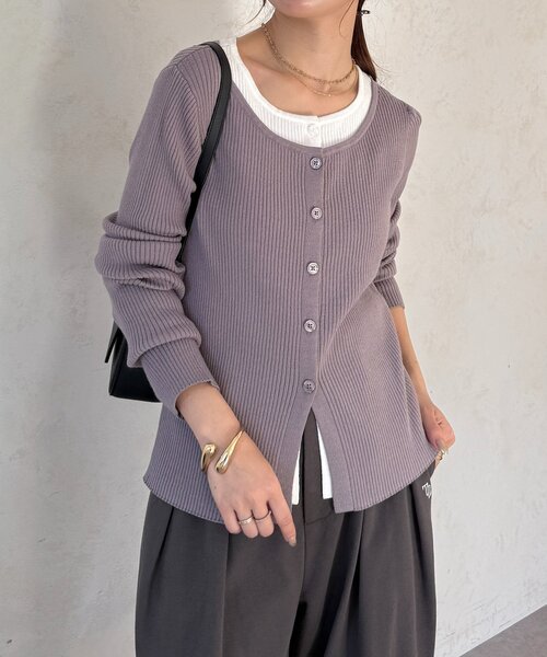 Thevon（ゼボン）の「レイヤード風リブニットカーディガン（カーディガン/ボレロ・レディース・グレー/オリーブ/ベージュ・FREE）」の4枚目の写真