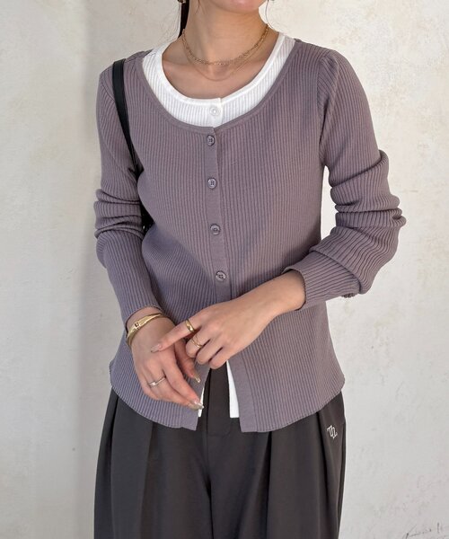 Thevon（ゼボン）の「レイヤード風リブニットカーディガン（カーディガン/ボレロ・レディース・グレー/オリーブ/ベージュ・FREE）」の5枚目の写真