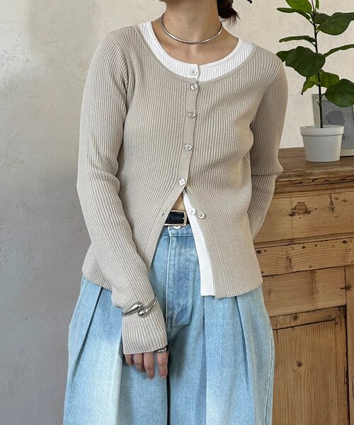 Thevon（ゼボン）の「レイヤード風リブニットカーディガン（カーディガン/ボレロ・レディース・グレー/オリーブ/ベージュ・FREE）」の12枚目の写真