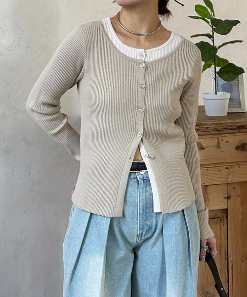 Thevon（ゼボン）の「レイヤード風リブニットカーディガン（カーディガン/ボレロ・レディース・グレー/オリーブ/ベージュ・FREE）」の13枚目の写真