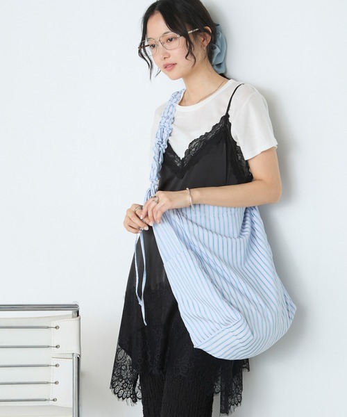 PUTUMAYO　オフショルダー風折り返しトップス（ネイビー×ライトブルー） セール】【forksy.】2way ギャザーストライプ ショルダー トートバッグ