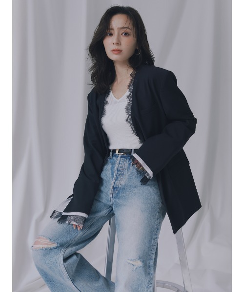 レーストリムノーカラージャケット（ノーカラージャケット）｜anuans