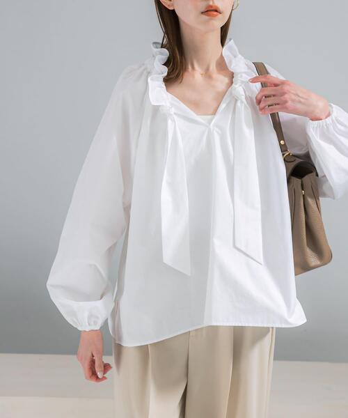 URBAN RESEARCH ROSSO WOMEN（アーバンリサーチ　ロッソ）の「フリルネックシャツブラウス（シャツ/ブラウス・レディース・パープル系その他/ホワイト/チャコールグレー・FREE）」の6枚目の写真