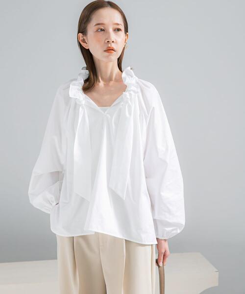 URBAN RESEARCH ROSSO WOMEN（アーバンリサーチ　ロッソ）の「フリルネックシャツブラウス（シャツ/ブラウス・レディース・パープル系その他/ホワイト/チャコールグレー・FREE）」の7枚目の写真