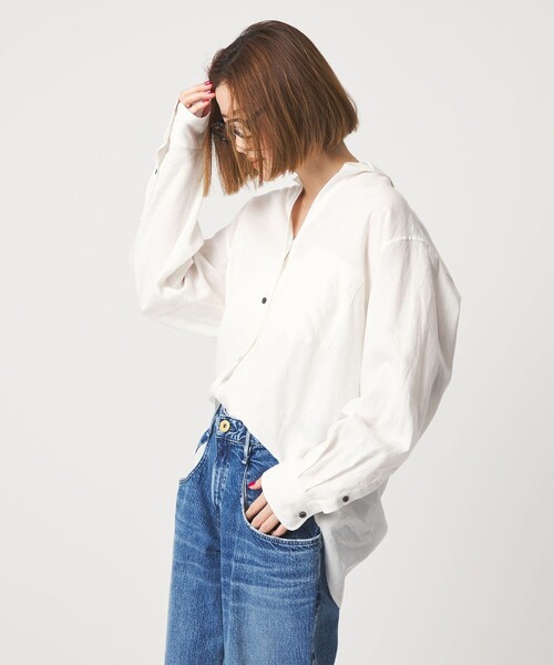 conte ホワイト 長袖シャツ conte＞リネン ベーシックシャツ（シャツ/ブラウス）｜conte（コンテ
