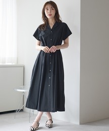 PREFERIR（プレフェリール）の「前開き2WAY ウエストギャザーシャツワンピース｜ロング丈・体型カバー・羽織り・綿100%（S.M.L.XL)（シャツワンピース）」