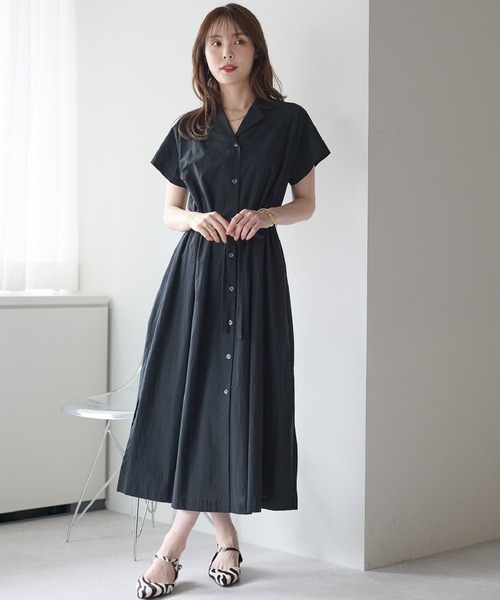 セール】前開き2WAY ウエストギャザーシャツワンピース｜ロング丈