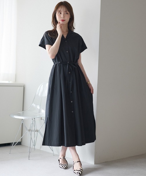 セール】前開き2WAY ウエストギャザーシャツワンピース｜ロング丈