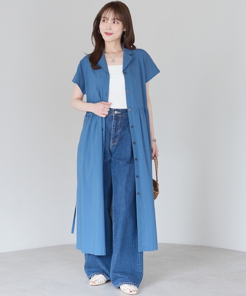 セール】前開き2WAY ウエストギャザーシャツワンピース｜ロング丈