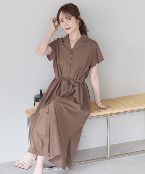 セール】前開き2WAY ウエストギャザーシャツワンピース｜ロング丈