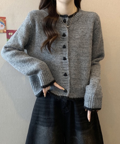 Miniministore(ミニミニストア)の「ハートボタンニットカーディガン長袖韓国風(ニット/セーター・レディース・グレー/アイボリー・FREE)」の2枚目の写真
