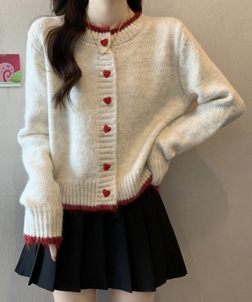 Miniministore(ミニミニストア)の「ハートボタンニットカーディガン長袖韓国風(ニット/セーター・レディース・グレー/アイボリー・FREE)」の1枚目の写真
