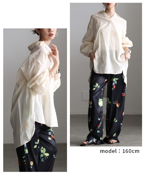 Sawa a la mode(サワアラモード)の「花柄刺繍スキッパーチュニックシャツ(チュニック・レディース・ホワイト系/ブラック・FREE)」の11枚目の写真
