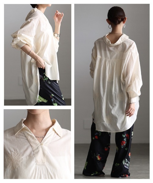 Sawa a la mode(サワアラモード)の「花柄刺繍スキッパーチュニックシャツ(チュニック・レディース・ホワイト系/ブラック・FREE)」の7枚目の写真