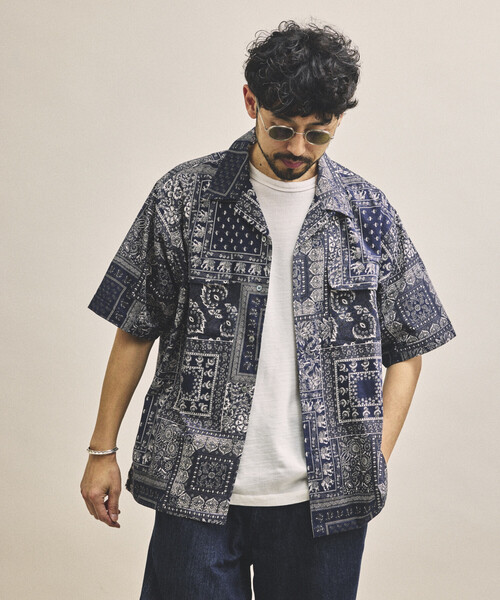 ボ*テ様 Bristol バンダナ柄シャツ Lサイズ　モックネック セール】インド製 リラックスフィット ペイズリー柄プリント オープン