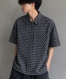 フロントジップ ショート丈 チェックシャツ 半袖 ユニセックス