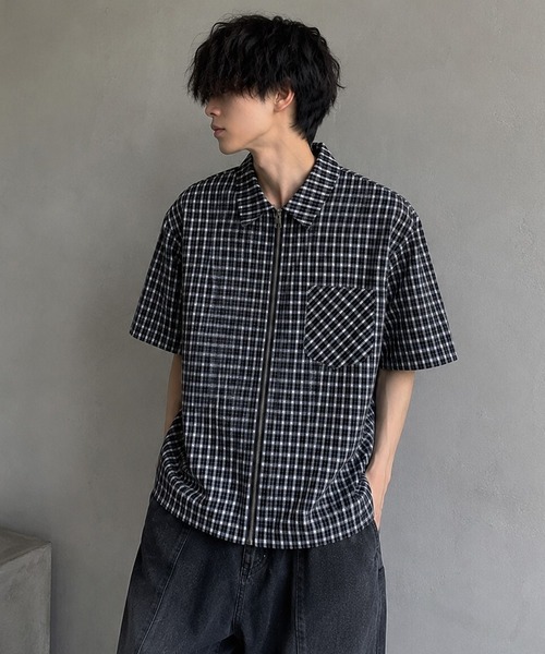 BENDER TOKYO(ベンダートウキョウ)の「フロントジップ ショート丈 チェックシャツ 半袖 ユニセックス(シャツ/ブラウス・メンズ・レッド/ブルー/ブラック・M/L)」の5枚目の写真