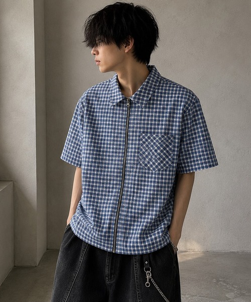 BENDER TOKYO(ベンダートウキョウ)の「フロントジップ ショート丈 チェックシャツ 半袖 ユニセックス(シャツ/ブラウス・メンズ・レッド/ブルー/ブラック・M/L)」の6枚目の写真