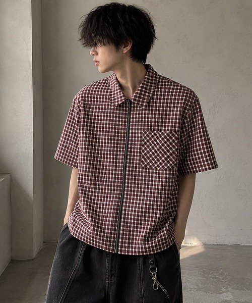 BENDER TOKYO(ベンダートウキョウ)の「フロントジップ ショート丈 チェックシャツ 半袖 ユニセックス(シャツ/ブラウス・メンズ・レッド/ブルー/ブラック・M/L)」の7枚目の写真