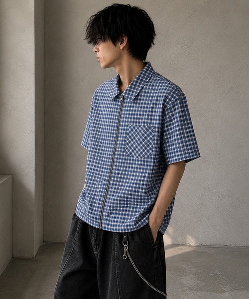 BENDER TOKYO(ベンダートウキョウ)の「フロントジップ ショート丈 チェックシャツ 半袖 ユニセックス(シャツ/ブラウス・メンズ・レッド/ブルー/ブラック・M/L)」の10枚目の写真