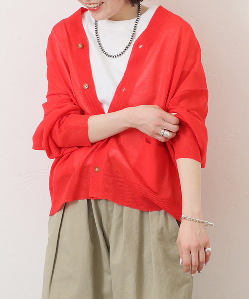 JOURNAL STANDARD LUXE(ジャーナルスタンダード ラックス)の「シアージャージー Vネックカーディガン(カーディガン/ボレロ・レディース・ベージュ/レッド/チャコールグレー・FREE)」の1枚目の写真