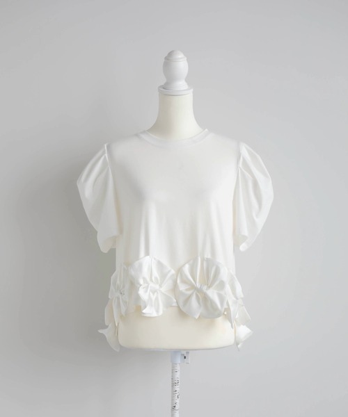 M y u(ミュー)の「リボンTシャツ(Tシャツ/カットソー・レディース・BLACK/WHITE・ML)」の2枚目の写真