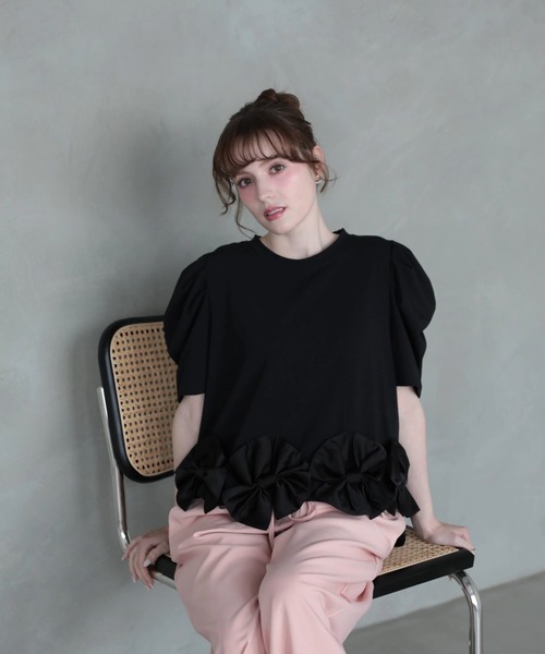 M y u(ミュー)の「リボンTシャツ(Tシャツ/カットソー・レディース・BLACK/WHITE・ML)」の4枚目の写真