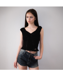 Chiffon Ribbon Crinkle Sleeveless [Black]