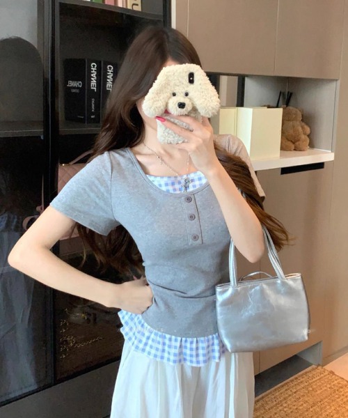HALEY PESCA（ヘーリーペスカ）の「HALEY PESCA/チェックフリルレイヤードトップス（Tシャツ/カットソー・レディース・ホワイト/グレー/ブラック/イエロー・FREE）」の3枚目の写真