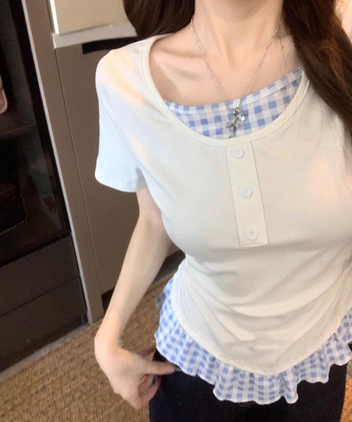 HALEY PESCA（ヘーリーペスカ）の「HALEY PESCA/チェックフリルレイヤードトップス（Tシャツ/カットソー・レディース・ホワイト/グレー/ブラック/イエロー・FREE）」の5枚目の写真